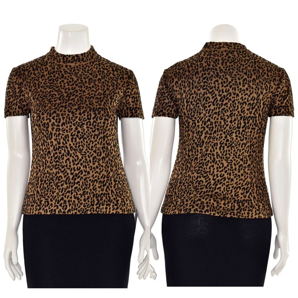 St. John Knit Leopard Animal Print Mock Neck Short Sleeve Top - Picture 4 of 17
